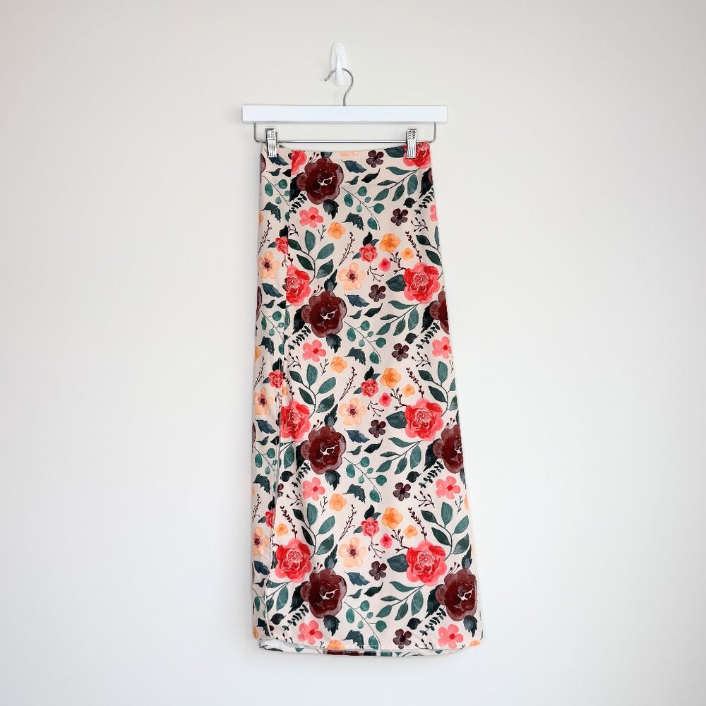 High Waist Floral Midi Skirt Leg Slit A Line